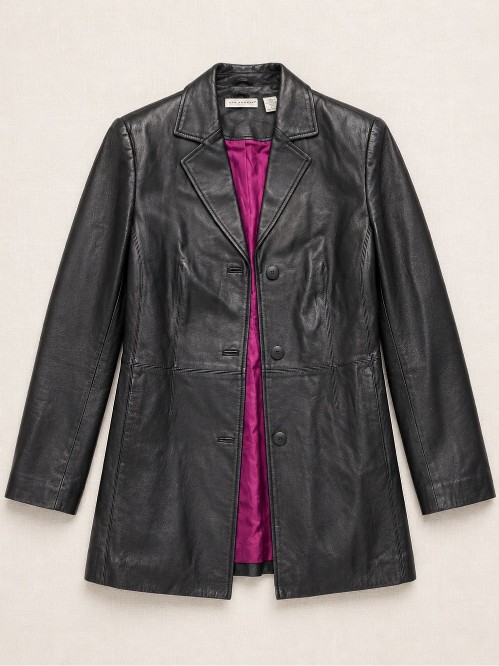 Coldwater Creek Black Leather Blazer Jacket with Magenta Lining